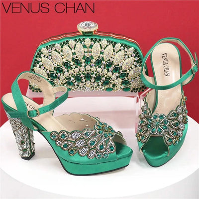 Embroidery Italian Design Pointed-Toe High-heeled Shoes and Bags Set for Women