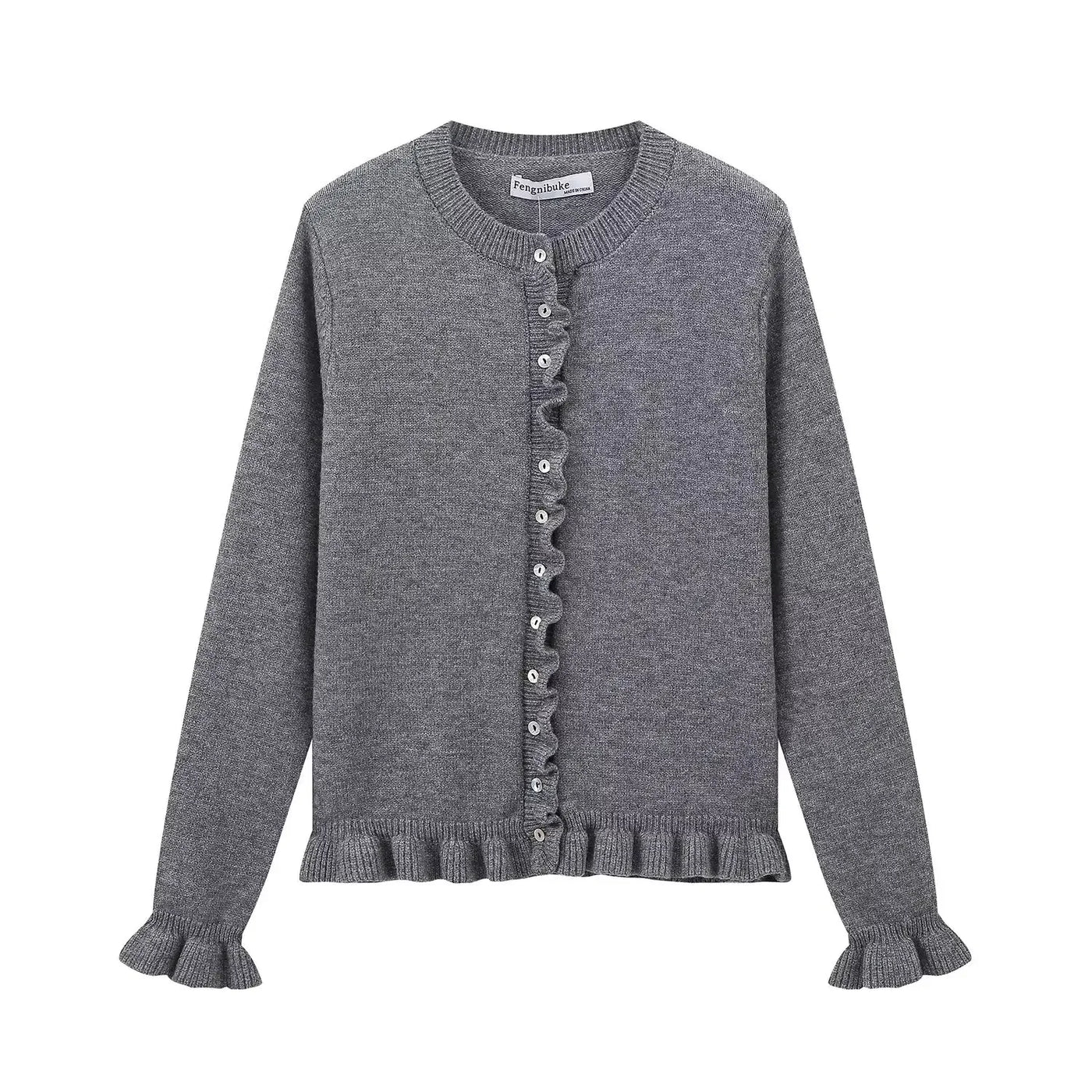 Women Ruffle Gray Knitted Cardigan Outerwears New Autumn Women Long Sleeve Sweater Elegant Button-Down Cardigan