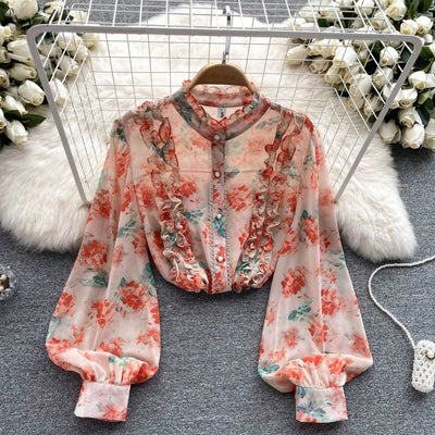 Women Ruffles Lace Floral Print Retro Elegant Button Shirts Summer Fashion Sweet Chic Stand Collar Long Sleeve Blouse Loose Tops
