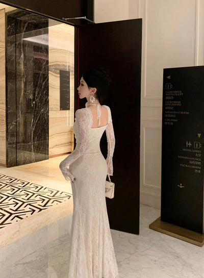 Women Korean Fashion Chic Luxury Evening Dress Autumn Winter White Lace Diamond Square Collar Dress 2025 Elegant Mermaid Dresses