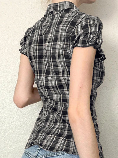 French Chic Ruffles Elegant Women T-Shirts Simple Fashion Slim Fit All-Match Plaid V-Neck Blouses