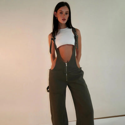 Jumpsuits Women Jeans Overalls Sexy Backless Vintage Full Length Denim Straight Pants Loose Pockets Distressed Washed Casual