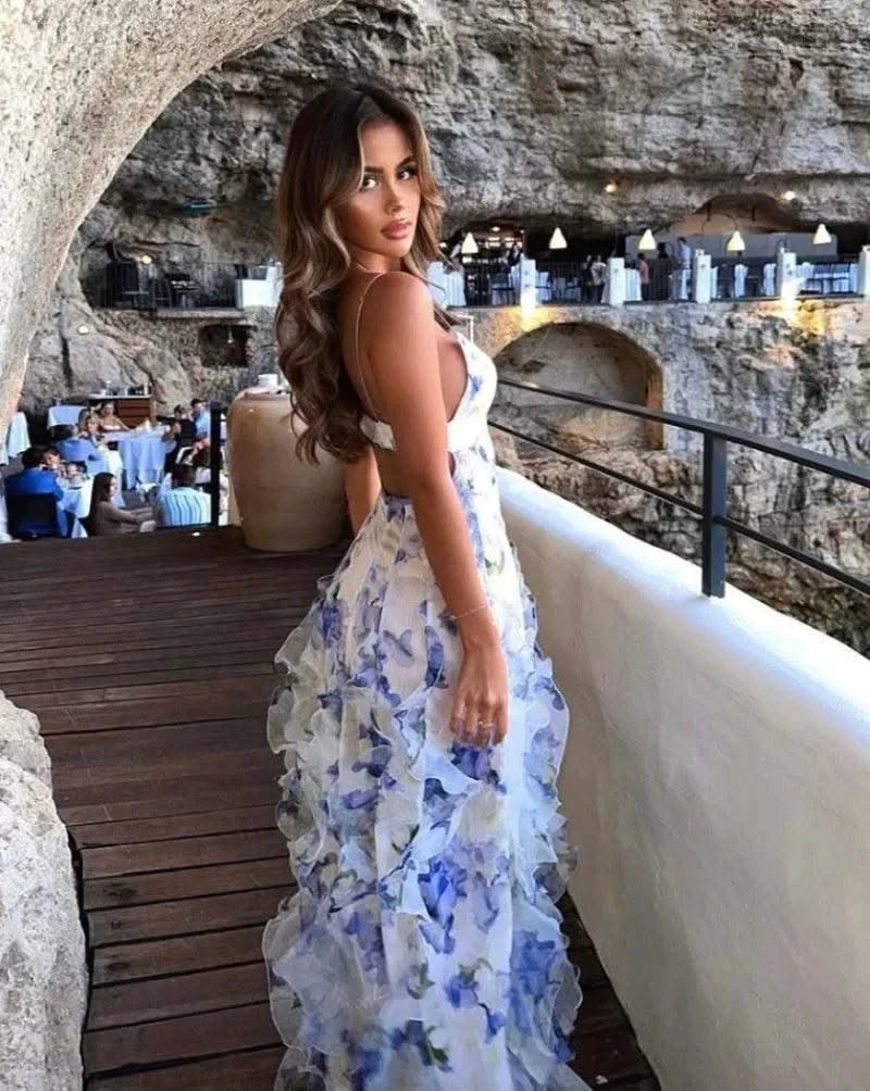 Summer Women Floral Print Party Dress Elegant New Fashion Strap V Neck High Waist Halter Corset Ruffle Evening Long Dress Robe