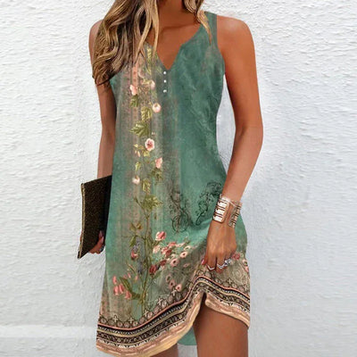 2025 Bohemian Midi Dress For Women Summer Fashion Print V-neck Sleeveless A-line Dresses Casual Elegant Ladies Plus Size Vestido