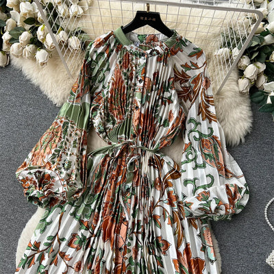 Retro Print Elegant Pleated Lantern Long Sleeve O Neck Single Breasted Dress A-line  Casual High Waist Women Summer Dresses