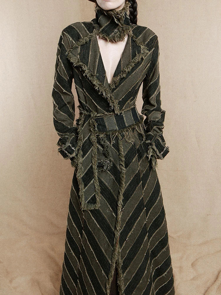 [Vibe] Women Blue Striped Burr Denim Long Trench New Turtleneck Long Sleeve Windbreaker Fashion Tide Spring Autumn 2025