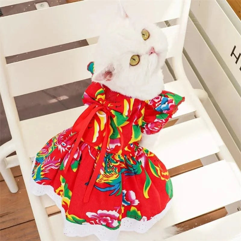 Pet Dog Clothes for Small Dogs Summer Dog Dress Fashion Print Puppy Princess Skirt Cute Flying Sleeve Cat Dress Pet Dog Costumes