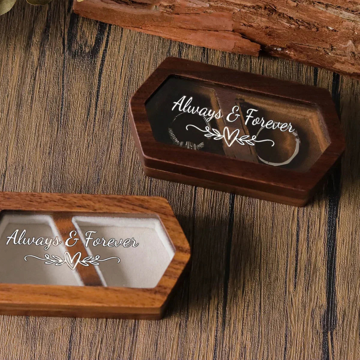 Engraved Wooden Ring Box, Double Slot, Perfect for Wedding, Proposal Rings, Romantic Gift for Wife, Jewelry, Always & Forever"