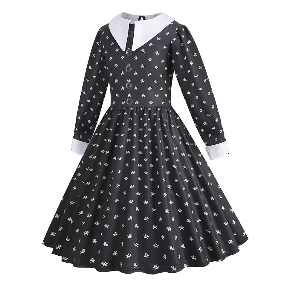Black Dress Girls TV Series Role Playing Halloween Costume Toddler Adams Weirdo Family Cosplay Apparel