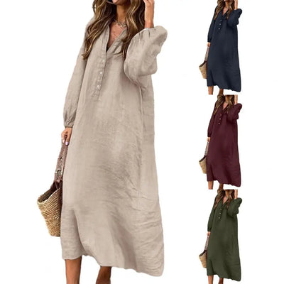 Stylish Button-breasted Dress for Women Elegant V-neck Cotton Linen Dress with Long Sleeves Button Decoration for Summer Ladies