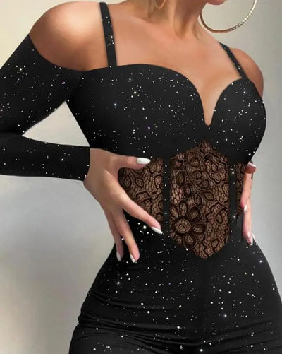 Sexy Party Night Out Jumpsuit Women Elegance 2022 Plain Glitter Cold Shoulder Long Sleeve Contrast Lace Corset Skinny Jumpsuit