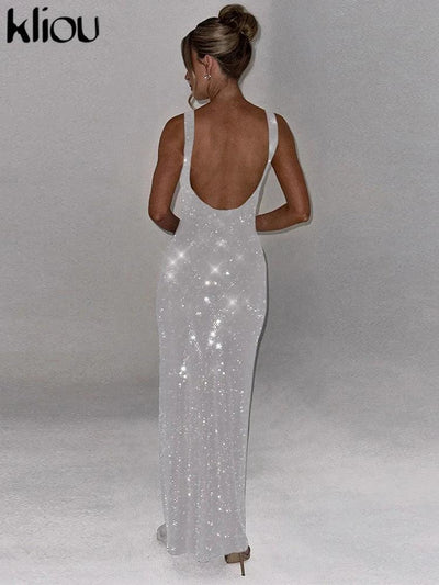 kliou Sequins Women Maxi Dress Stunning Shiny Elegant Sleeveless Backless Sheath Vestidos Mujer Elegant Fashion Evening Bodycon