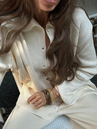 2025 Autumn Street Outfits Knitted Cardigan Pants Sets Women Single Breasted Lapel Sweater High Waist Wide Leg Trousers Suit