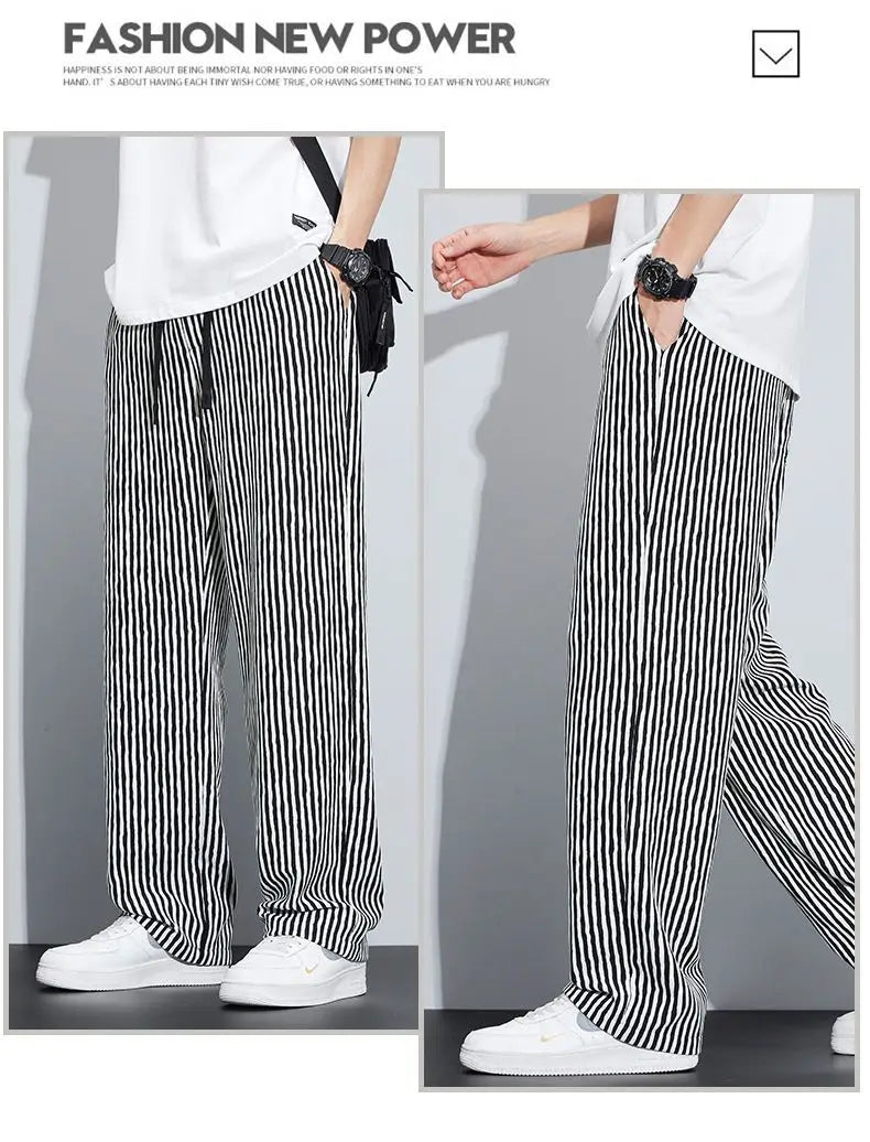 New Men's Trousers with a Sense Design Featuring Unique Stripe Pattern Hanging Wide-leg Loose Straight Casual Long Pants