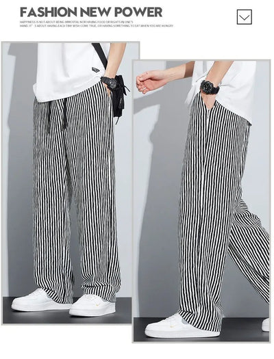 New Men's Trousers with a Sense Design Featuring Unique Stripe Pattern Hanging Wide-leg Loose Straight Casual Long Pants