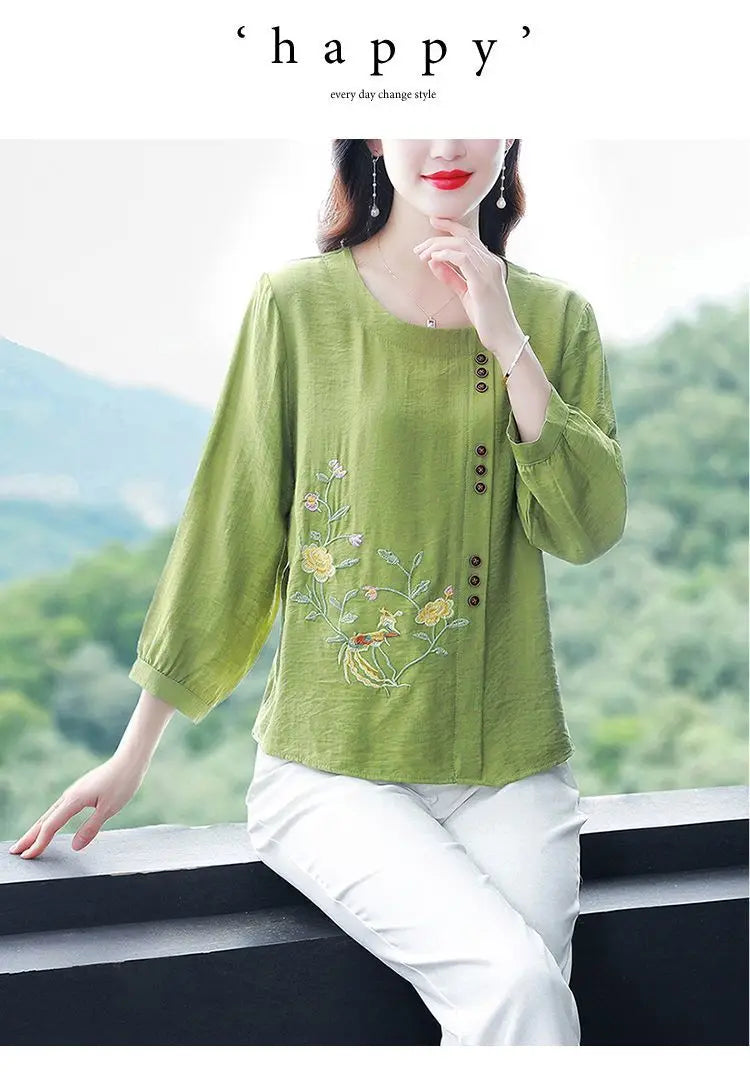 Summer Cotton Linen Embroidery Loose Casual Blouse Lady 3/4 Sleeve Vintage All-match Top Women Fashion Oversized Elegant Shirt