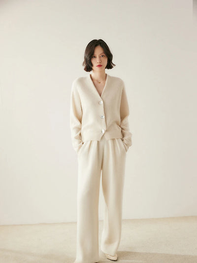 ADDONEE Women 100% Cashmere Pants Pleated Waist Wide Leg Pants Casual Simple Style Autumn Winter Cashmere Knit Trousers Luxury