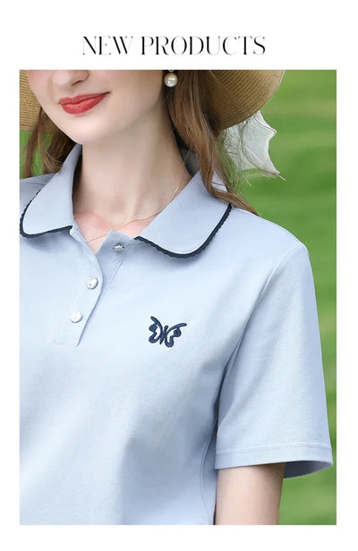I BELIEVE YOU Blue Polo Collar T-shirt Top for Women Summer 2025 Butterfly Embroidered Breathable Short Sleeve Tees 2252015969