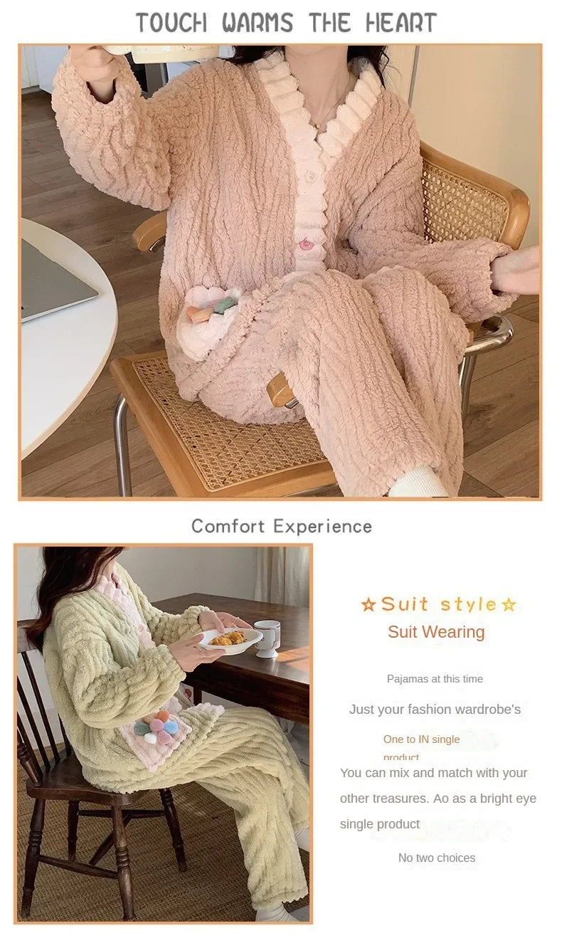 Thickened Warm Flannel Women Sleepwear Loungewear Cardigan Suit Winter Sweet Kawaii Soft Fairy Wind Ladies Pajamas Homewear