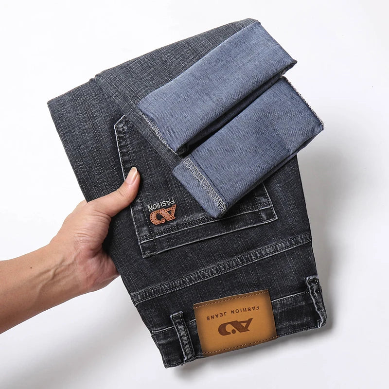 2024 Spring Summer New Men's Slim Thin Jeans Retro Light Blue Cotton Stretch Denim Pants Male Fashion Casual Brand Trousers