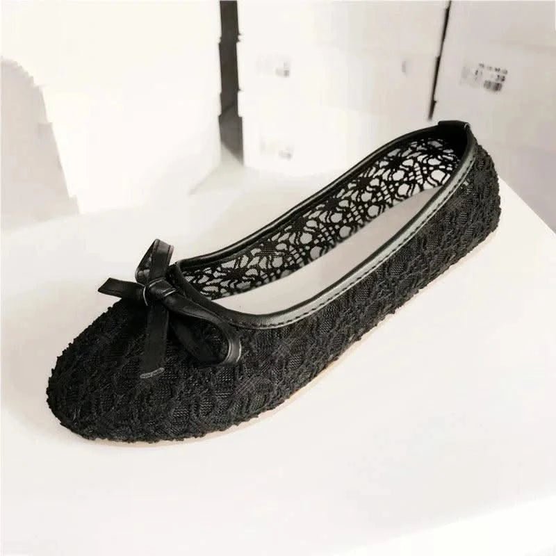 Women Fashion Lace Slip On Cut Outs Bow Ballet Breathable Flats Shoes