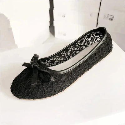 Women Fashion Lace Slip On Cut Outs Bow Ballet Breathable Flats Shoes