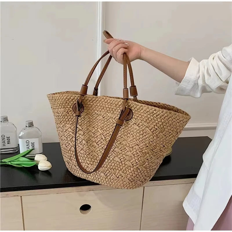 Designer Bohemian Chic Shoulder Bag,Solid Color Large Capacity Straw Woven Tote Bag,Nature-Inspired Beach Vacation Women Handbag