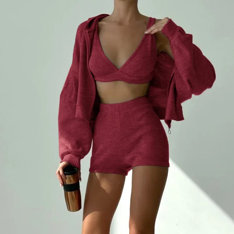 Solid Sport 3 Piece Set Crop Vest Hoodie Tracksuit Women Casual Sweatshirt Coat Mini Short Matching Set Sportswear 3 PCS Outfit