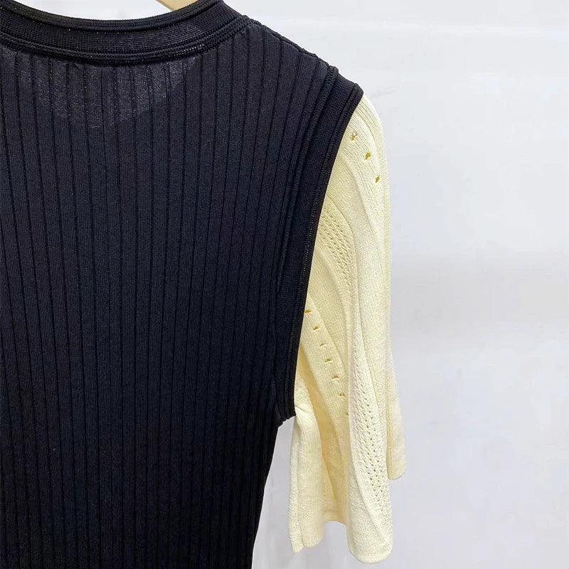 Classic Style Single Breasted Knitted Women Midi Dress O Neck Short Sleeve Hollow Out Spliced Lady Fishtail Dress