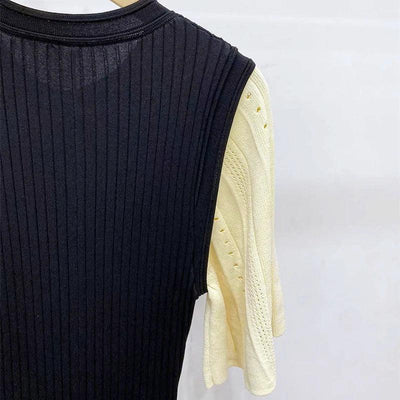 Classic Style Single Breasted Knitted Women Midi Dress O Neck Short Sleeve Hollow Out Spliced Lady Fishtail Dress