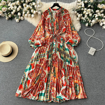Retro Print Elegant Pleated Lantern Long Sleeve O Neck Single Breasted Dress A-line  Casual High Waist Women Summer Dresses