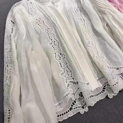 White Pink Tops Women Hollow Out Embroidery