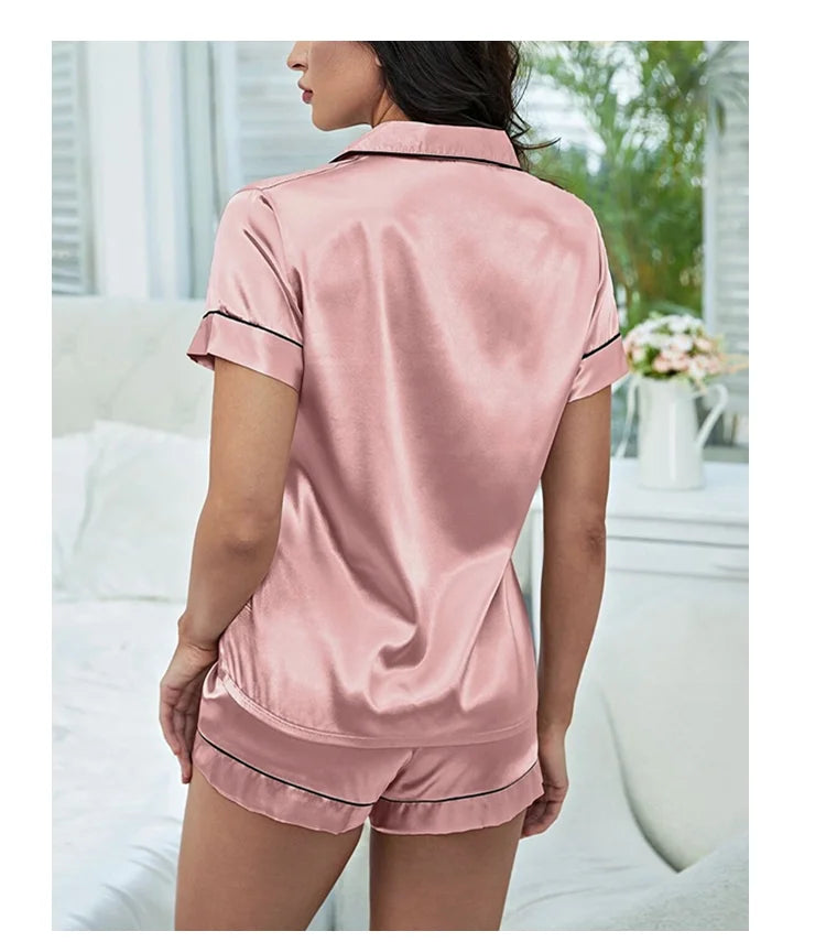 Women's Sleepwear Silk Satin Pajamas Set Button-Down Pyjama Shorts Suit Pijama Femme Loungewear Pj Sets Solid Color Home Clothes