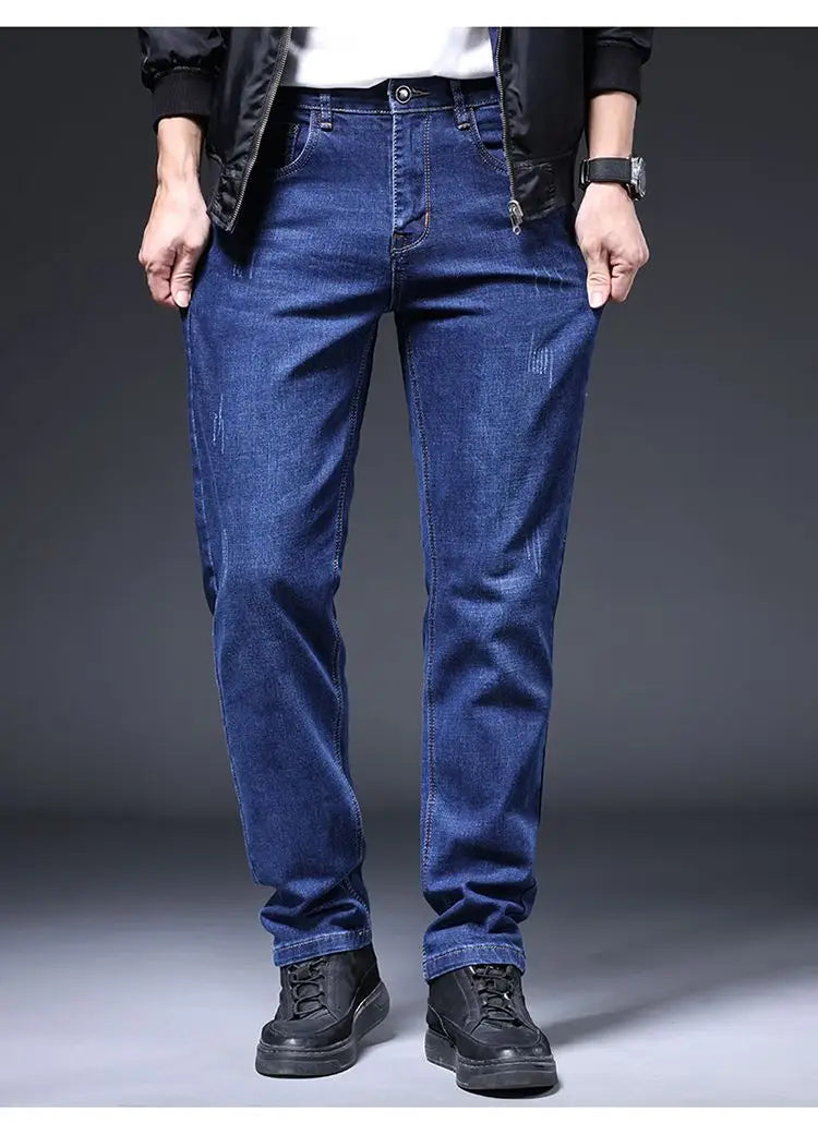 2025 New in Men's Stretch Jeans Straight Fit Denim Pants Male Formal Classic Blue Business Casual Regular Autumn Cowboy Trouser