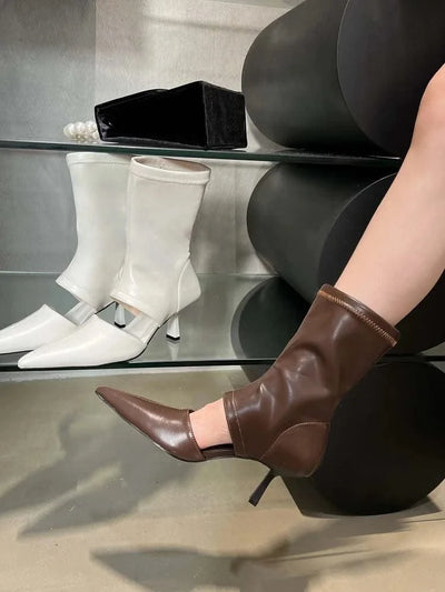 Eilyken Spring Autumn Soft Leather Short Ankle Boots Women Fashion Hollow Out Ladies Sandal Pointed Toe Thin Low Heel Shoes