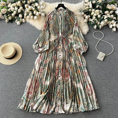 Retro Print Elegant Pleated Lantern Long Sleeve O Neck Single Breasted Dress A-line  Casual High Waist Women Summer Dresses