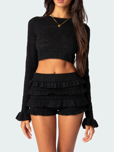 Women s Loungewear Set Long Sleeve Embroidered Knit Crop Top Ruffle Shorts Set 2 Piece Pajama Set Matching Outfits