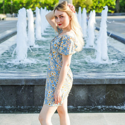 Women Mini Printed Floral Chiffon Shirring Pleated Short Puffy Sleeve Casual Dresses Summer Fashion