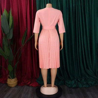 Elegant Office Dresses for Women Professional V Neck Full Sleeve Sashes Pleated Mid Calf Formal Business Work Wear Dress Midi OL