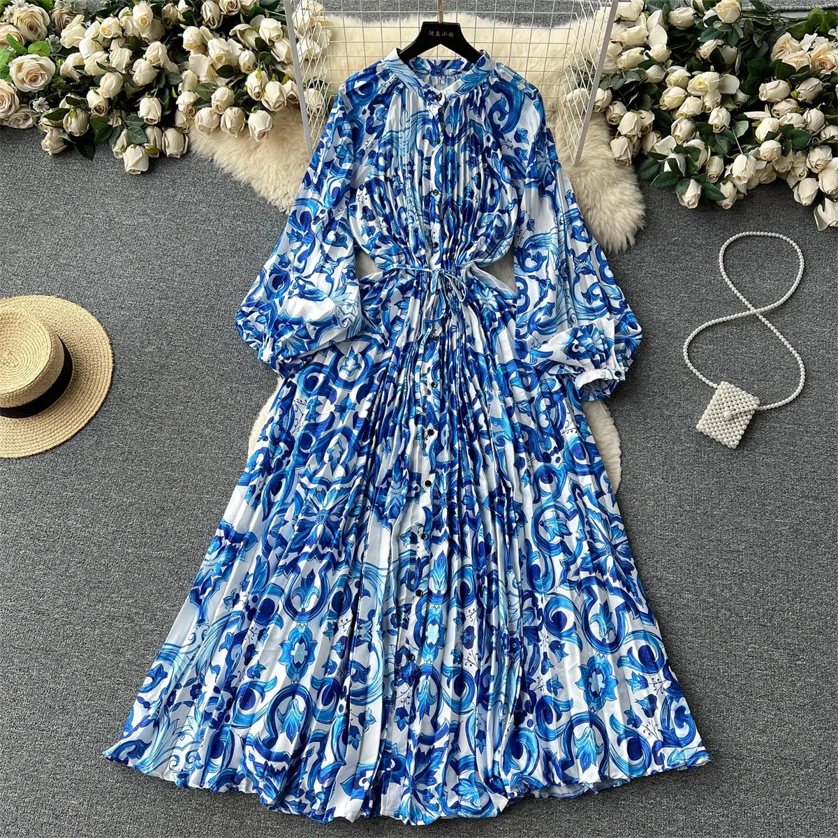 Retro Print Elegant Pleated Lantern Long Sleeve O Neck Single Breasted Dress A-line  Casual High Waist Women Summer Dresses
