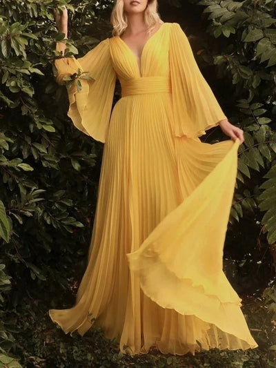 Women's Muslim Islamic  Dresses Fashion Elegant Folds Flare Sleeve Plunge Neck Maxi A-Line Evening Dresses