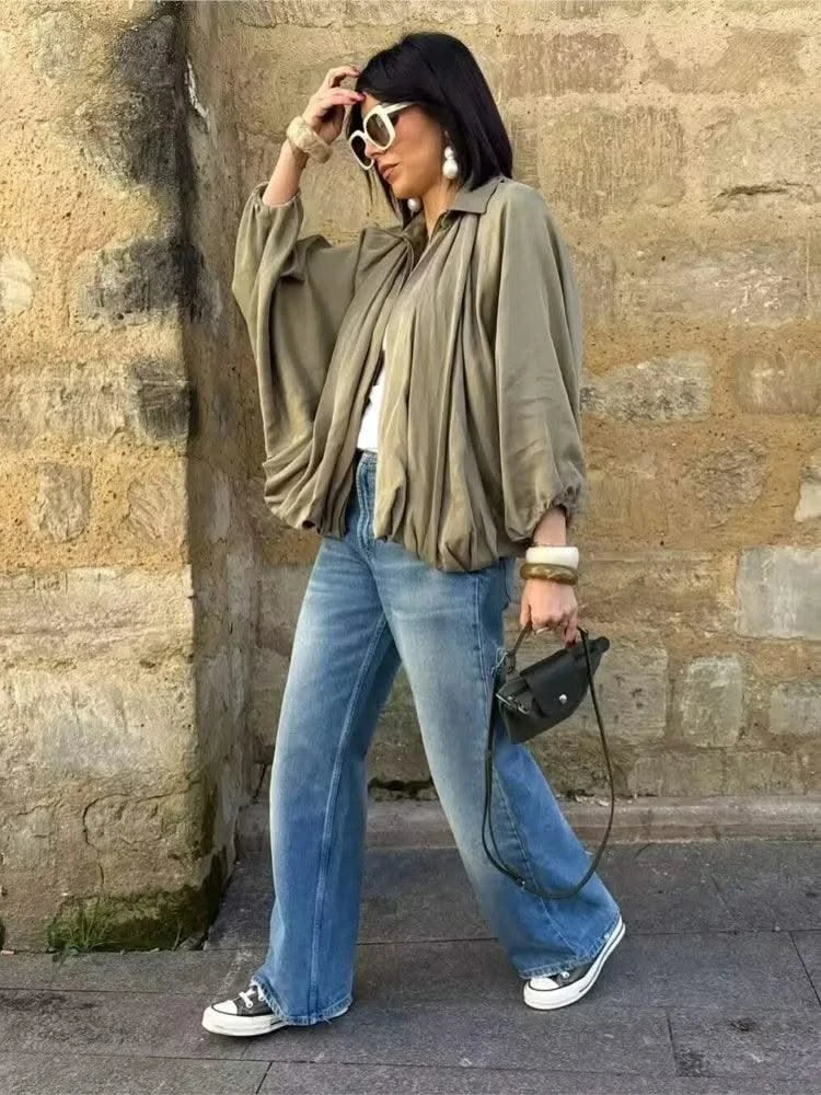HipSeam Satin Bomber Jacket Women Casual Pleated Zipper Jackets