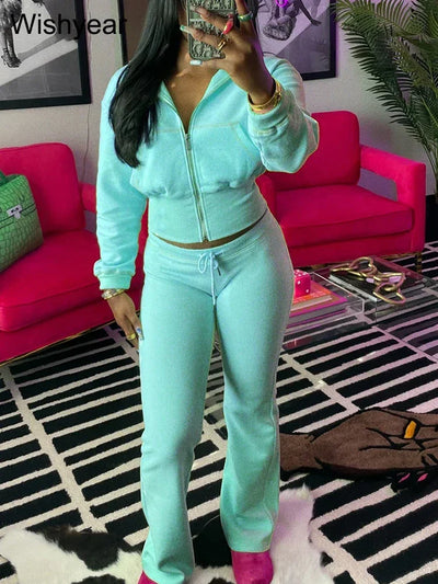 Tracksuits Women Sales Fall Winter Waffle Knit Two 2 Pieces Set Sweatshirts Jacket and Flared Pants Street Sports Workout Outfit