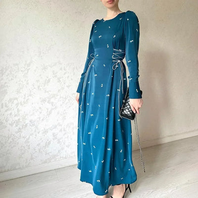 Elegant Dresses for Women 2025 Spring Summer New Long Sleeve O Neck Dress Fashionable Slim Fit Lace Up Lower Back Evening Dress