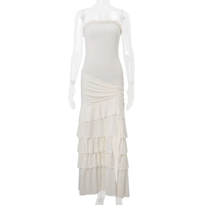 NIDANSSI White Strapless Backless Evening Party Dress Women Ruffle Robes Elegant Sexy Dress Bodycon Long Summer Dress Vestidos