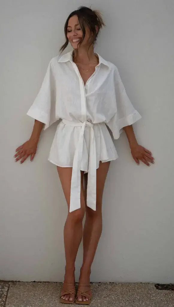 Women's Jumpsuit Spring/summer New Style With Collar Mid Sleeves Waist Strap Fashionable Loose Short Style Solid Color Jumpsuit
