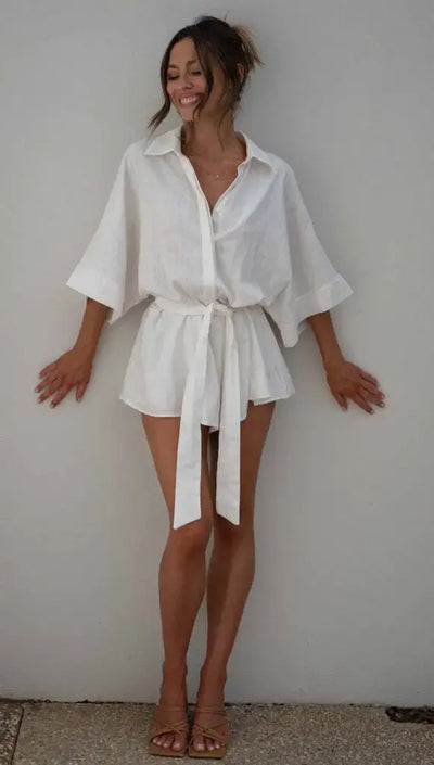 Women's Jumpsuit Spring/summer New Style With Collar Mid Sleeves Waist Strap Fashionable Loose Short Style Solid Color Jumpsuit