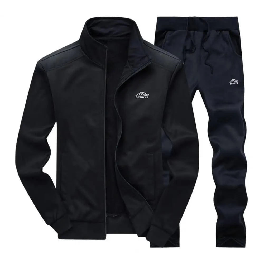Activewear Men's Athleisure Suit with Stand Collar Coat Elastic Drawstring Waistband Pants Set Zipper Placket Long Sleeve