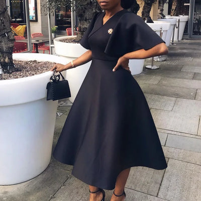 Elegant Party Dresses for Women V Neck Ruffles Sleeve High Waisted Pleated Mid Calf Luxury Birthday Dinner Vestidos Mujer Dress