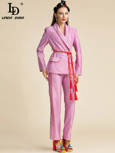 LD LINDA DELLA Fashion Designer Autumn Purple Pants Suit Women's Slim Long sleeve Belted Blazer and Pants Two Pieces Sets